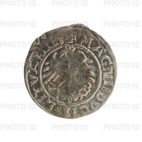 Lithuanian half-grosz, Sigismund I the Old (king of Poland; 1506–1548). Silver coin (half-grosz), 1521. Obverse: Pogon (Lithuanian mounted knight) turned left; rim between pearl borders with inscription MONETA SIGISMVNDI. Reverse: Polish crowned eagle; rim between pearl borders with inscription + MAGNI:DVCIS LITVA. Grand Duchy of Lithuania; Poland; Vilnius.