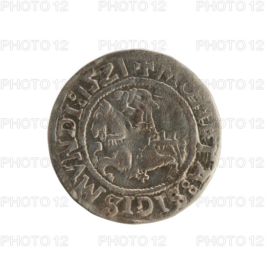 Lithuanian half-grosz, Sigismund I the Old (king of Poland; 1506–1548). Silver coin (half-grosz), 1521. Obverse: Pogon (Lithuanian mounted knight) turned left; in the rim between pearl borders an inscription: + TA:SIGISMVNDI:15Z1. Reverse: Polish crowned eagle; in the rim between pearl borders an inscription: + MAGNIDVCIS, LITVANIE:, 1521. Associated with the Grand Duchy of Lithuania and Poland; Jagiellon dynasty; emblems: Pogon and Eagle.