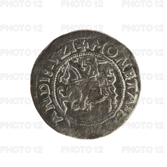 Lithuanian half-grosz, Sigismund I the Old (king of Poland; 1506–1548). R8 (rarity). Polish coin, Jagiellonian dynasty. Obverse: Pogon (Lithuanian coat of arms) turned left; in the rim between pearl borders an inscription: + COIN, ANDI:15Z1. Reverse: Polish crowned eagle; in the rim between pearl borders an inscription: NI:DVCIS, LI, NIE:.:. Dated 1521. Grand Duchy of Lithuania, Poland; struck in Vilnius.