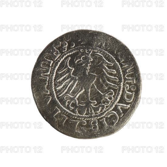 Lithuanian half-grosz, Sigismund I the Old (king of Poland; 1506–1548). R8 (rarity). Polish coin from 1521 (Grand Duchy of Lithuania, Vilnius). Obverse: Pogon (Lithuanian knight) turned left; in the rim between pearl borders an inscription: + COIN, ANDI:15Z1. Reverse: Polish crowned Eagle; in the rim between pearl borders an inscription: NI:DVCIS, LI, NIE:.:. Features coats of arms (Pogon, Eagle).