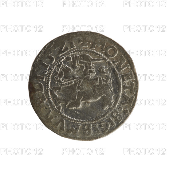 Lithuanian half-grosz, Sigismund I the Old (king of Poland; 1506–1548). Polish coin of the Jagiellon dynasty, dated 1520–1521. Obverse: Pogon (Lithuanian mounted knight) turned left; in the rim between pearl borders an inscription: COIN:SIGIS, DI, 1520. Reverse: Polish crowned eagle; in the rim between pearl borders an inscription: + MAGNI:DVCIS:LI, ANIE.:., 1521. Minted in the Grand Duchy of Lithuania (Vilnius).