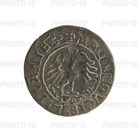 Lithuanian half-grosz, Sigismund I the Old (king of Poland; 1506–1548). Polish coin of the Jagiellon dynasty. Obverse: Pogon (Lithuanian charging knight) turned left; in the rim between pearl borders an inscription: COIN:SIGIS, DI, 1520. Reverse: crowned Polish eagle; in the rim between pearly borders an inscription: + MAGNI:DVCIS:LI, ANIE.:., 1521. Grand Duchy of Lithuania; minted in Vilnius.