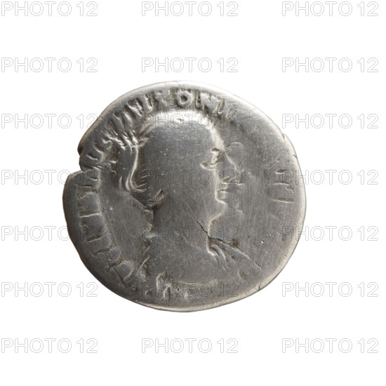 Denarius of Faustina the Younger (ca. 130–176; Roman empress 161–176; Augusta 147–161). Obverse: draped bust of Faustina II facing right, legend FAVSTINA AVG - ANTONINI AVG PI. Reverse: Concordia seated left holding a flower in her right hand, resting her left on a cornucopia, globe under the seat, legend CON - CORDIA. Iconography includes personifications, flowers, globes, cornucopias. Roman Empire (27 BC–476), Rome. Coin: diameter 17.5–18.5 mm, weight 2.87 g, axis 180°.