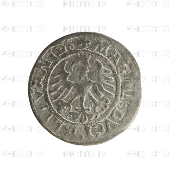 Lithuanian half-grosz, Sigismund I the Old (king of Poland; 1506–1548). R8 (rarity). Polish coin from the Jagiellonian dynasty. Obverse: Pogon (Chase) turned left; in the rim between pearl borders an inscription: + MON TA I MVNDI 1521. Reverse: Crowned Polish eagle; in the rim between pearl borders an inscription: + MAGNI DVCI LI VANIE 1521. Grand Duchy of Lithuania; Vilnius.