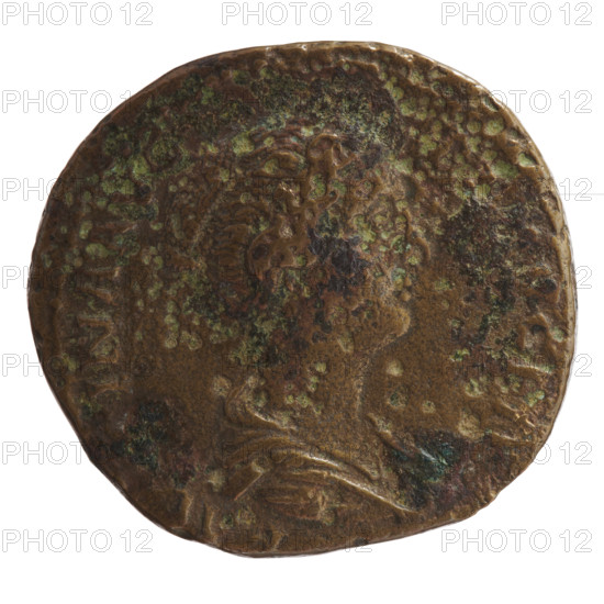 Sestertius of Faustina the Younger (ca. 130–176; Roman empress 161–176; Augusta 147–161). Obverse: draped bust of Faustina II facing right, inscription 'FAVSTINA AVG - VG FIL' (all around). Reverse: Venus stands frontally, turns her head to the left, holds an apple in her outstretched right hand and a long scepter in her left, inscription 'V - NVS' (all around) in field, 'SC' in fields. Roman Empire (27 BC–476), Rome. Coin. Diameter ca. 30–32 mm; weight 21.30 g.