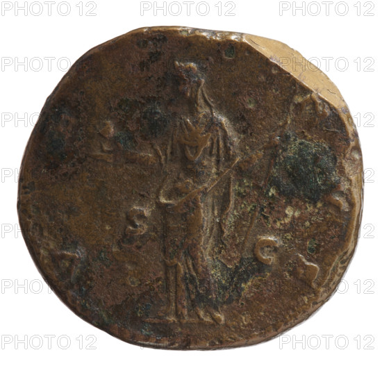 Sestertius of Faustina the Younger (ca. 130–176; Roman empress 161–176; Augusta 147–161). Obverse: Draped bust of Faustina II facing right, inscription FAVSTINA AVG, VG FIL around. Reverse: Venus stands frontally, turns her head to the left, holds an apple in her outstretched right hand and a long scepter in her left; inscription V - NVS around, in SC fields. Date: 147–161, Roman Empire (27 BC–476), Rome. Coin; diameters 30.0 mm and 32.0 mm, weight 21.30 g.