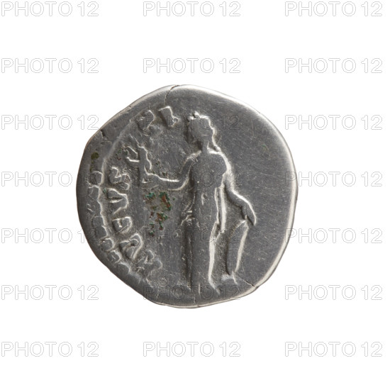 Denarius of Faustina the Younger (ca. 130–176; Roman empress 161–176; Augusta 147–161). Obverse: Draped bust of Faustina II facing right, inscription VSTINA - AVGVSTA. Reverse: Venus standing left, holding Victoria in her outstretched right hand, resting her left hand on a shield placed on a helmet, inscription AVGVS - TI - PII FIL. Roman deities, iconography includes helmets, Venus, Victoria, shields. Date: 147–161, Rome, Roman Empire. Coin; diameter 16.5 mm, weight 2.87 g, axis 180°.