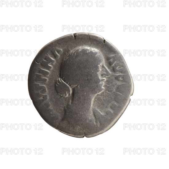 Denarius depicting Faustina the Younger (ca. 130–176; Roman empress 161–176) and Marcus Aurelius (121–180; Roman emperor 161–180) as issuer. Obverse: bust of Faustina II in drapery facing right, inscription AVSTINA - AVGVST. Reverse: Ceres veiled, seated on a cista facing left, holding ears of corn in her extended right hand and a torch in her left, inscription C - - RES circumferential. Roman Empire, 161–176. Coin: diameter 18.0–18.5 mm, weight 2.99 g, axis 180°.