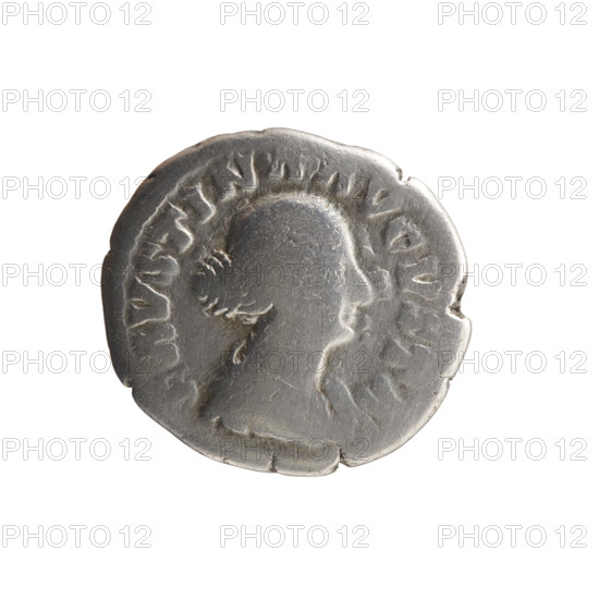 Denarius of Faustina the Younger (ca. 130–176), Roman empress 161–176; Marcus Aurelius (121–180), Roman emperor 161–180 (issuer). Obverse: Bust of Faustina II in drapery facing right, inscription FAVSTINA AVGVSTA. Reverse: Fecunditas standing left, holding two children in her arms, two more children standing at her sides, inscription FECVND AVGVSTAE. Date: 161–176. Roman Empire (27 BC–476), Rome. Coin: silver denarius; diameter 18.0 mm; weight 2.82 g; axis 0°.