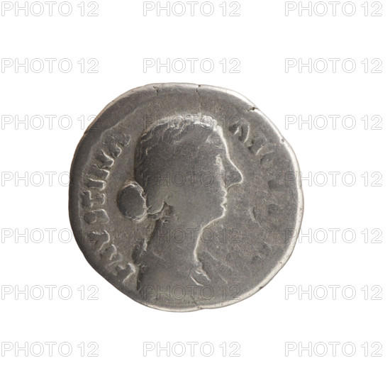 Denarius; Faustina the Younger (ca. 130–176; Roman empress 161–176), Marcus Aurelius (121–180; Roman emperor 161–180) issuer; Draped bust of Faustina II facing right, inscribed 'FAVSTINA • AVGVSTA' around; reverse: Fecunditas standing right, holding a long scepter in her right hand and a child in her left, inscribed 'FECVN • D • ITAS' around; iconography: scepters, children, personifications, Fecunditas; date: 161–176; Roman Empire, Rome; coin; diameter 17.5–18.0 mm; weight 3.01 g; axis 330°.