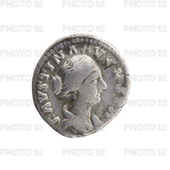 Denarius, Faustina the Younger (ca. 130–176; Roman empress 161–176), issuer Marcus Aurelius (121–180; Roman emperor 161–180). Obverse: Bust of Faustina II in drapery facing right, inscription FAVSTINA AVGVSTA. Reverse: Felicitas (personification) stands frontally, turns her head to the left, holds two children in her arms; four more children stand next to her, two on each side, inscription TEMPOR FELIC. Date: 161–176, Rome, Roman Empire (27 BC–476). Coin: diameter 16.5 mm, weight 2.82 g, axis 0°.