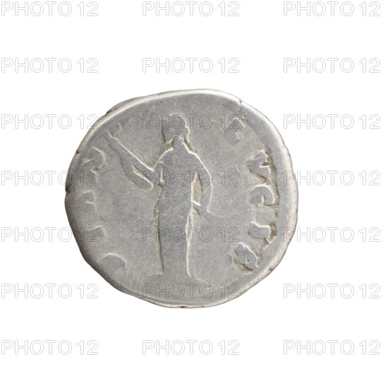 Denarius of Faustina the Younger (ca. 130–176; Roman empress 161–176). Obverse: Bust of Faustina II in drapery facing right, inscription 'FAVSTINA - AVGVSTA'. Reverse: Diana standing left, holding a lit torch in both hands, inscription 'DIAN- ... LVCIF'. Issuer: Marcus Aurelius (121–180; Roman emperor 161–180). Iconography: Roman deities, Diana; torches. Date: 161–176. Roman Empire, Rome. Coin; diameter 17.5 mm; weight 3.04 g; axis 180°.