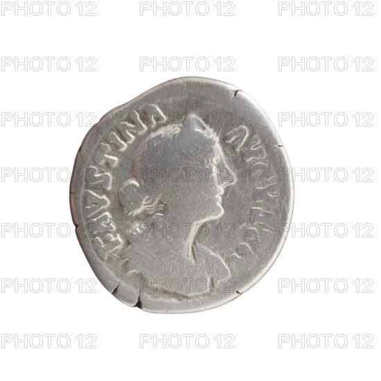 Denarius of Faustina the Younger (ca. 130–176; Roman empress 161–176), issuer Marcus Aurelius (121–180; Roman emperor 161–180). Obverse: bust of Faustina II in drapery facing right, legend 'FAVSTINA · AVGVSTA'. Reverse: Juno in a veil seated left, holding a patera in her right hand and a scepter in her left, peacock at her feet left, legend 'IVNONI · REGINAE'. Date: 161–176. Roman Empire (27 BC–476), Rome. Coin: diameter 17.0 mm, weight 3.00 g, axis 180°.