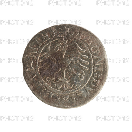 Lithuanian half-grosz, Sigismund I the Old (king of Poland; 1506–1548), Polish coin of the Jagiellon dynasty. Obverse: Pogon (Lithuanian mounted knight) turned left; in the rim between pearl borders an inscription: + NET SIGIS VNDI 1521. Reverse: crowned Polish eagle; in the rim between pearl borders an inscription: + MAGNI DVCIS LVANIAE 1521. Material: coin; place: Grand Duchy of Lithuania, Vilnius.