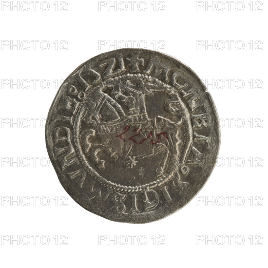 Lithuanian half-grosz, Sigismund I the Old (king of Poland; 1506–1548). Obverse: Pogon (Lithuanian coat of arms) turned left; in the rim between pearl borders an inscription: + MONETA, IGISMVNDIE:15Z1. Reverse: Polish crowned eagle; in the rim between pearl borders an inscription: + MAGNI:DVC, LI, ANIE.:., 1521. Grand Duchy of Lithuania, Poland; Vilnius. R8 (rarity). Polish coin; Jagiellonian dynasty; coats of arms: Pogon, Eagle.