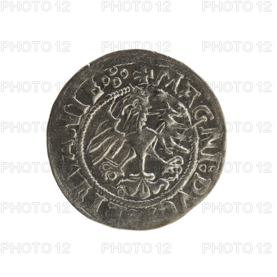 Lithuanian half-grosz, Sigismund I the Old (king of Poland; 1506–1548). Obv.: Pogon turned left; in the rim between pearl borders an inscription: + MONETA, IGISMVNDIE:1521. Rev.: Polish eagle with a crown; in the rim between pearly borders an inscription: + MAGNI:DVC, LI, ANIE.:., 1521. R8 (rarity). Polish coin of the Jagiellonian dynasty; coats of arms: Pogon (Lithuania) and Eagle. Grand Duchy of Lithuania; Poland; Vilnius. Medium: coin.
