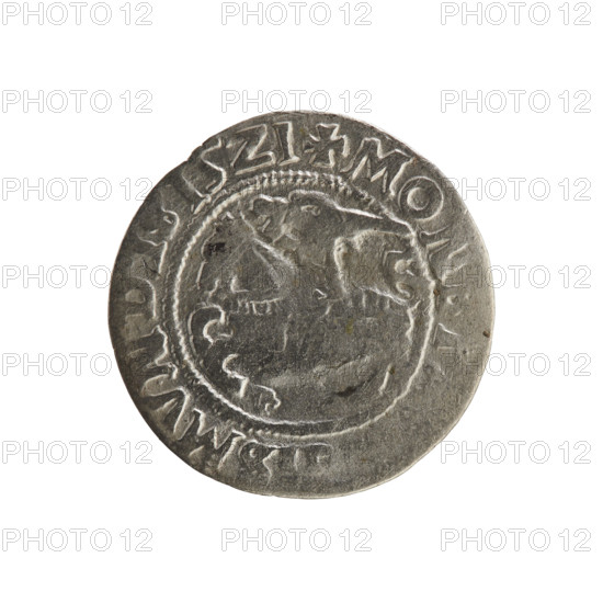 Lithuanian half-grosz, Sigismund I the Old (king of Poland; 1506–1548), 1521. Silver coin (half-grosz). Obverse: Pogon (Lithuanian charging knight) turned left; in the rim between pearl borders an inscription: + MONE, SMVNDI:15Z1. Reverse: Crowned Polish eagle; in the rim between pearl borders an inscription: + MA, :DVC, ANIE:, 1521. Emblems: Pogon, eagle. Grand Duchy of Lithuania, Poland; Vilnius.