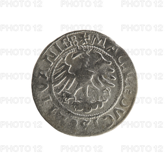 Lithuanian half-grosz, Sigismund I the Old (king of Poland; 1506–1548). Early 16th-century coin (1521). Obverse: Pogon (Lithuanian mounted knight) turned left; in the rim between pearl borders an inscription: + MONE, SMVNDI:15Z1. Reverse: Polish crowned eagle; in the rim between pearl borders an inscription: + MA,:DVC,ANIE:, 1521. Silver coin; Grand Duchy of Lithuania — Poland; minted in Vilnius.