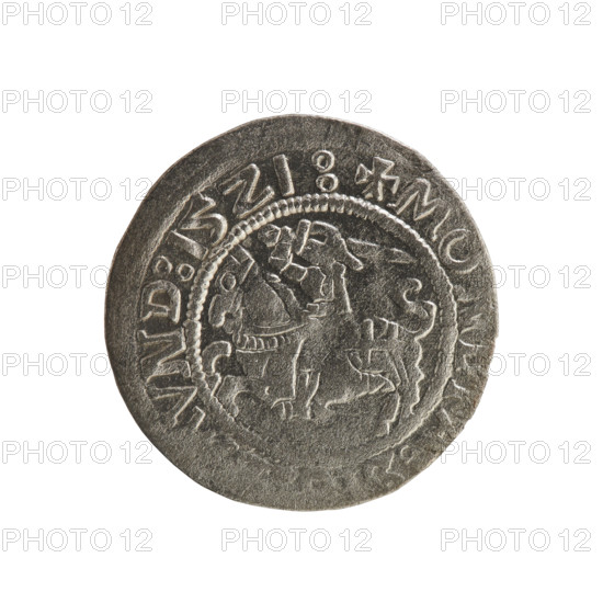 Lithuanian half-grosz, Sigismund I the Old (king of Poland; 1506–1548). Silver coin (half-grosz), dated 1521. Obverse: Pogon (Lithuanian charging knight) turned left; legend in rim between pearl borders: + COIN:, VND:15Z1:. Reverse: Polish crowned eagle; legend in rim between pearl borders: IS:LITVANIE. Associated with Jagiellon dynasty; emblems: Pogon and Eagle. Grand Duchy of Lithuania, Poland; minted in Vilnius.