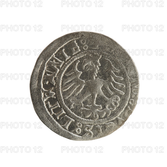 Lithuanian half-grosz, Sigismund I the Old (king of Poland; 1506–1548). Polish coin of the Jagiellon dynasty (1521). Obverse: Pogon (Lithuanian charging knight) turned left; in the rim between pearl borders an inscription: + COIN:, VND:15Z1:. Reverse: Polish crowned eagle; in the rim between pearl borders an inscription: IS:LITVANIE. Grand Duchy of Lithuania; Vilnius.
