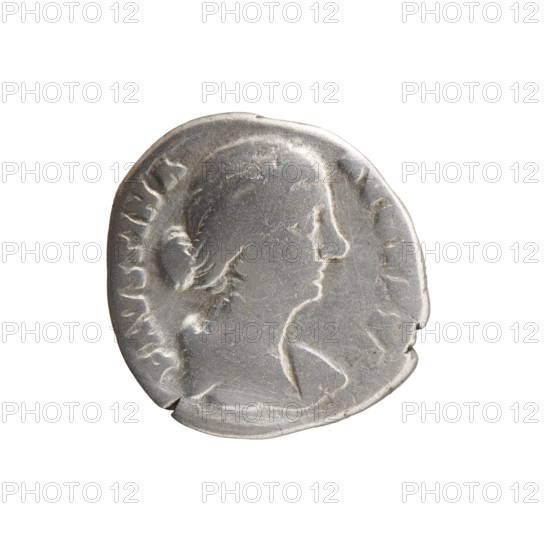 Denarius, Faustina the Younger (ca. 130–176; Roman empress 161–176), Marcus Aurelius (121–180; Roman emperor 161–180) (issuer). Bust of Faustina II in drapery facing right, legend 'FAVSTINA • AVGVSTA' around. Rev.: Juno in a veil standing left, holding a patera in her right hand and a long scepter in her left, a peacock at her feet on the left; circumferential 'I • V • N • O'. Date: 161–176, Roman Empire (27 BC–476), Rome. Coin: denarius; diameter 17.5 mm; weight 3.13 g; axis 0°.