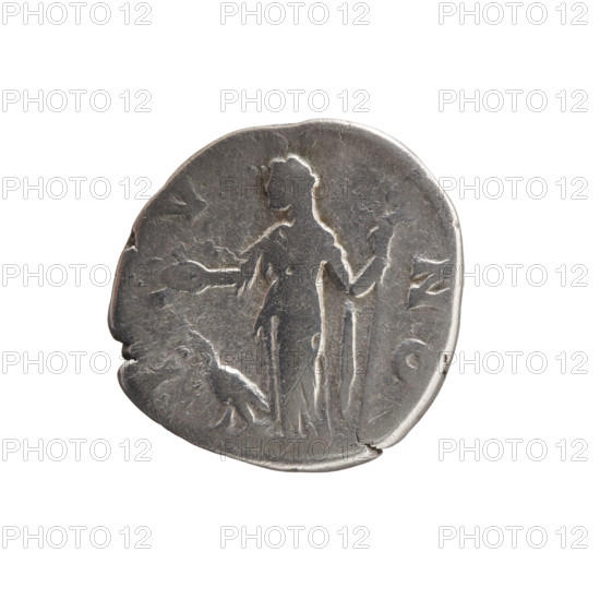 Denarius, Faustina the Younger (ca. 130–176; Roman empress 161–176); Marcus Aurelius (121–180; Roman emperor 161–180) issuer. Bust of Faustina II in drapery facing right, inscription FAVSTINA·AVGVSTA around. Reverse: Juno in a veil standing left, holding a patera in her right hand and a long scepter in her left, a peacock at her feet on the left; inscription I·V·NO circumferential. Date: 161–176. Roman Empire, Rome. Coin; diameter 17.5 mm, weight 3.13 g, axis 0°.