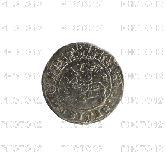 Lithuanian half-grosz, Sigismund I the Old (King of Poland; 1506–1548). Obverse: Pogon (Lithuanian coat of arms) turned left; in the rim between pearl borders an inscription: TA:SIGIS,:1513. Reverse: crowned Polish Eagle; in the rim between pearl borders an inscription: + MAG, I:DV, IS:LITVA, 1513. Coin of the Grand Duchy of Lithuania (Vilnius), Polish–Lithuanian coin.