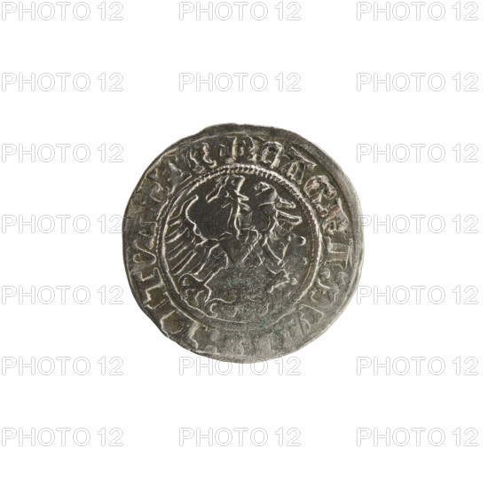 Lithuanian half-grosz, Sigismund I the Old (King of Poland; 1506–1548). Obverse: Pogon turned left; in the rim between pearl borders an inscription: TA:SIGIS:1513. Reverse: Polish crowned eagle; in the rim between pearl borders an inscription: + MAG:I:DV:IS:LITVA:1513. Coats of arms: Eagle (Poland) and Pogon (Lithuania). Grand Duchy of Lithuania; Vilnius; coin.