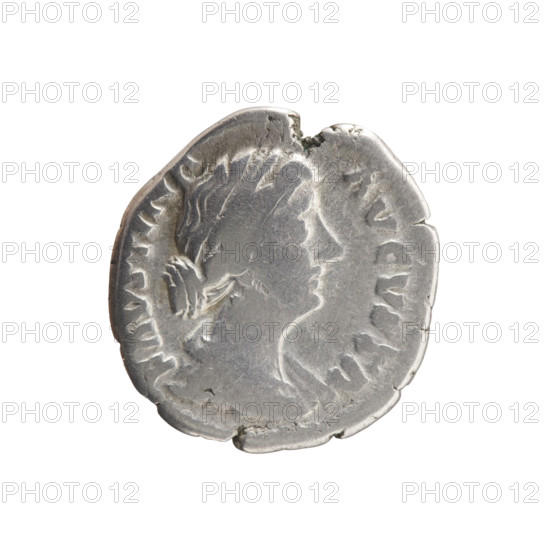 Denarius minted ca. 161–176 CE. Obverse: Bust of Faustina II in drapery facing right, inscription 'FAVSTINA - AVGVSTA.' Reverse: Juno veiled, standing left, holding a patera in her right hand and a long scepter in her left, a peacock at her feet at left, inscription 'I·V·NO' circumferential. Portraits: Faustina the Younger (ca. 130–176; Roman empress 161–176), Marcus Aurelius (121–180; Roman emperor 161–180) — issuer. Roman Empire; Rome. Coin (silver): diameter 17.5–18.5 mm, weight 3.21 g, axis 195°.