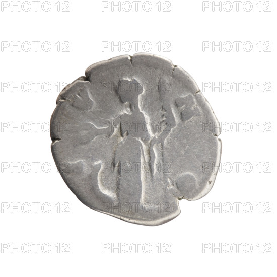 Denarius, Faustina the Younger (ca. 130–176; Roman empress 161–176), Marcus Aurelius (121–180; Roman emperor 161–180) issuer. Bust of Faustina II in drapery facing right, legend FAVSTINA · AVGVSTA around. Reverse: Juno in a veil standing left, holding a patera in her right hand and a long scepter in her left, a peacock at her feet on the left; legend I · V · N O circumferential. Date: 161–176, Roman Empire (27 BC–476), Rome. Coin: diameter 17.5–18.5 mm, weight 3.21 g, axis 195°.