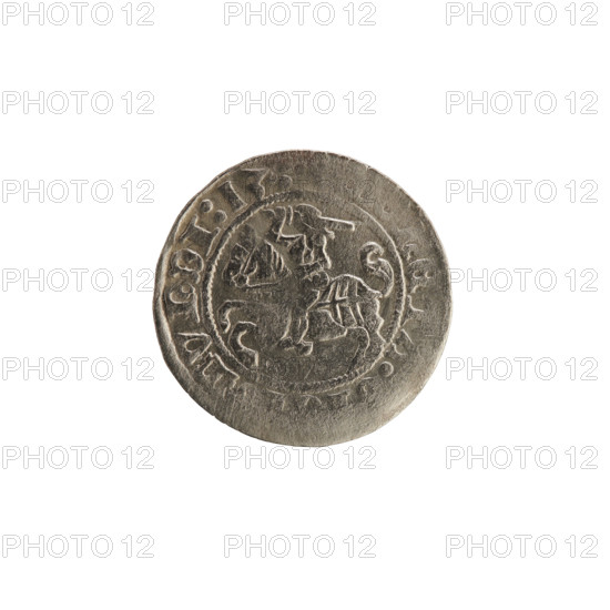 Lithuanian half-grosz, Sigismund I the Old (King of Poland; 1506–1548). Obverse: Pogon (Lithuanian coat of arms) turned left; in the rim between pearl borders an inscription: ETA, MVNDI:13:. Reverse: Polish crowned eagle; in the rim between pearly borders an inscription: + MAG.. , ]IS:LITVA, IE:, 1513. Materials: coinage; date: 1513. Function: currency of the Grand Duchy of Lithuania (Vilnius), associated with the Jagiellon dynasty.