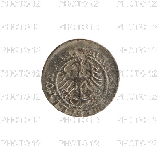 Lithuanian half-grosz, Sigismund I the Old (King of Poland; 1506–1548). Silver coin (half-grosz), 1513, Grand Duchy of Lithuania, Vilnius. Obverse: Pogon (Lithuanian coat of arms) turned left; inscription in rim between pearl borders: ETA, MVNDI:13:. Reverse: Polish crowned eagle; inscription in rim between pearl borders: + MAG.. , ]IS:LITVA, IE:, 1513. Coats of arms; Jagiellon dynasty.