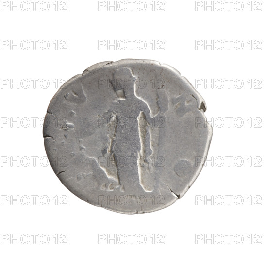 Denarius depicting Faustina the Younger (ca. 130–176; Roman empress 161–176). Obverse: Bust of Faustina II in drapery facing right, inscription FAVSTINA · AVGVSTA. Reverse: Juno veiled, standing left, holding a patera in her right hand and a long scepter in her left, a peacock at her feet left; circumferential inscription - V - N O. Issuer: Marcus Aurelius (121–180; Roman emperor 161–180). Roman Empire, ca. 161–176. Coin: silver denarius; diameter 17.5–18.5 mm, weight 3.06 g, axis 180°.