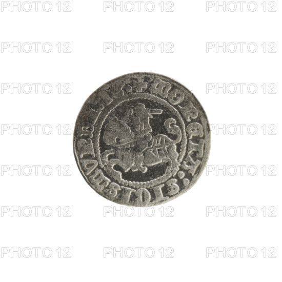 Lithuanian half-grosz, Sigismund I the Old (King of Poland; reign 1506–1548). Obverse: Pogon (Lithuanian coat of arms) turned left; in the rim between pearl borders an inscription: + COIN:SIGISMVNDI:13:. Reverse: Polish crowned eagle; in the rim between pearl borders an inscription: + MAGNI:DVCIS:LITVANIE. Dated 1513. Grand Duchy of Lithuania (Vilnius).