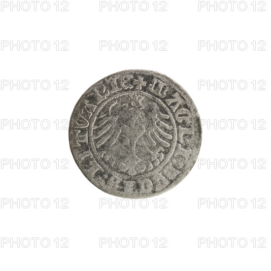 Lithuanian half-grosz, Sigismund I the Old (King of Poland; 1506–1548). Obverse: Pogon (Lithuanian coat of arms) turned left; in the rim between pearl borders an inscription: + COIN:SIGISMVNDI:13:. Reverse: Polish crowned eagle; in the rim between pearl borders an inscription: + MAGNI:DVCIS:LITVANIE. Dated 1513. Grand Duchy of Lithuania (Vilnius).