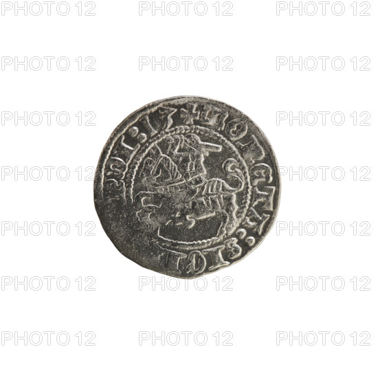 Lithuanian half-grosz, Sigismund I the Old (King of Poland; 1506–1548). Obverse: Pogon (Lithuanian coat of arms) turned left; in the rim between pearly borders an inscription: + COIN:SIGINDI:13. Reverse: Polish crowned eagle; in the rim between pearly borders an inscription: GNI:DVCIS:LITVANI. Dated 1513. Grand Duchy of Lithuania (Vilnius). Coin; Polish–Lithuanian—Jagiellon dynasty.