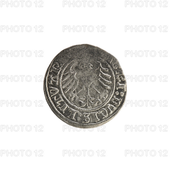 Lithuanian half-grosz, Sigismund I the Old (King of Poland; 1506–1548), 1513. Silver coin from the Grand Duchy of Lithuania (Vilnius). Obverse: Pogon (Lithuanian coat of arms) turned left; in the rim between pearly borders an inscription: + COIN:SIGINDI:13. Reverse: Polish crowned eagle; in the rim between pearly borders an inscription: GNI:DVCIS:LITVANI.