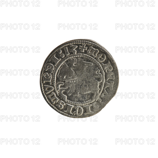 Lithuanian half-grosz, Sigismund I the Old (king of Poland, 1506–1548). Obverse: Pogon (Lithuanian coat of arms) turned left; in the rim between pearl borders an inscription: + MONET:, IGISMVNDI:13. Reverse: Polish crowned eagle; in the rim between pearl borders an inscription: + MAGNI:DVCIS:, IE.:., 1513. Coin of the Grand Duchy of Lithuania, Vilnius, 1513. R8 (rarity); Polish coin featuring eagles and Jagiellonian dynastic heraldry.