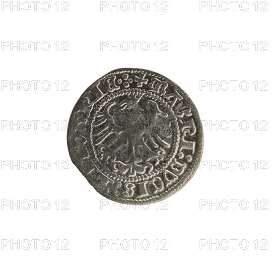 Lithuanian half-grosz, Sigismund I the Old (king of Poland; 1506–1548). R8 (rarity). Polish coin, dated 1513, minted in Vilnius, Grand Duchy of Lithuania/Poland. Obverse: Pogon (Lithuanian coat of arms) turned left; in the rim between pearl borders an inscription: + MONET,: IGISMVNDI:13. Reverse: Polish crowned eagle; in the rim between pearl borders an inscription: + MAGNI:DVCIS:, IE.:., 1513. Coats of arms; Jagiellonian period.