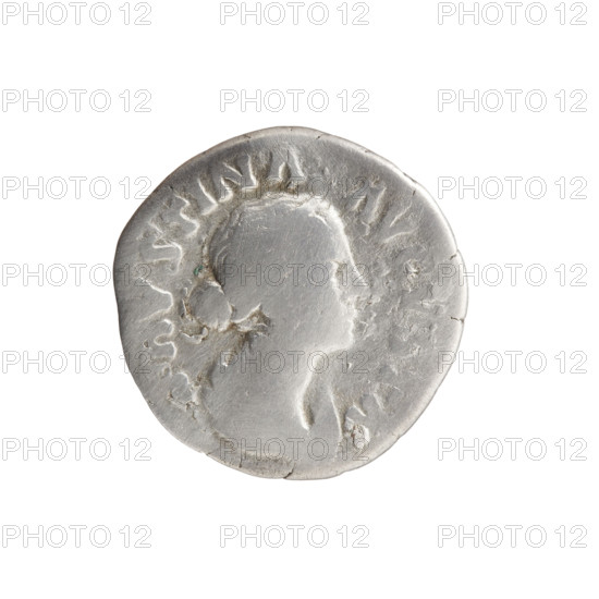 Denarius, Faustina the Younger (ca. 130–176; Roman empress 161–176), Marcus Aurelius (121–180; Roman emperor 161–180) issuer. Obverse: Bust of Faustina II in drapery facing right, legend FAVSTINA AVGVSTA around. Reverse: Juno in a veil standing left, holding a patera in her right hand and a long scepter in her left, a peacock at her feet on the left side, inscription V N O circumferential. Date: 161–176 CE, Rome, Roman Empire. Coin; diameter 17.5–18.0 mm, weight 2.79 g, axis 0°.