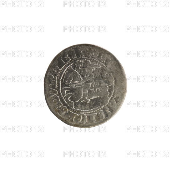 Lithuanian half-grosz, Sigismund I the Old (King of Poland; 1506–1548). Coin (1513). Obverse: Pogon (Lithuanian mounted knight) turned left; in the rim between pearl borders an inscription: + :SIGISMVNDI:13. Reverse: Polish crowned eagle; in the rim between pearl borders an inscription: + MAGNI:DVCIS:LA, IE.:., 1513. Coats of arms: Pogon and Eagle; related to the Jagiellon dynasty; Grand Duchy of Lithuania (Vilnius), Poland. Materials: coin.