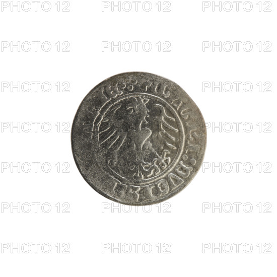Lithuanian half-grosz, Sigismund I the Old (King of Poland; 1506–1548). Obverse: Pogon (Lithuanian coat of arms) turned left; in the rim between pearl borders an inscription: + :SIGISMVNDI:13. Reverse: Polish crowned eagle; in the rim between pearly borders an inscription: + MAGNI:DVCIS:LA, IE.:., 1513. Grand Duchy of Lithuania (Vilnius). Coin.