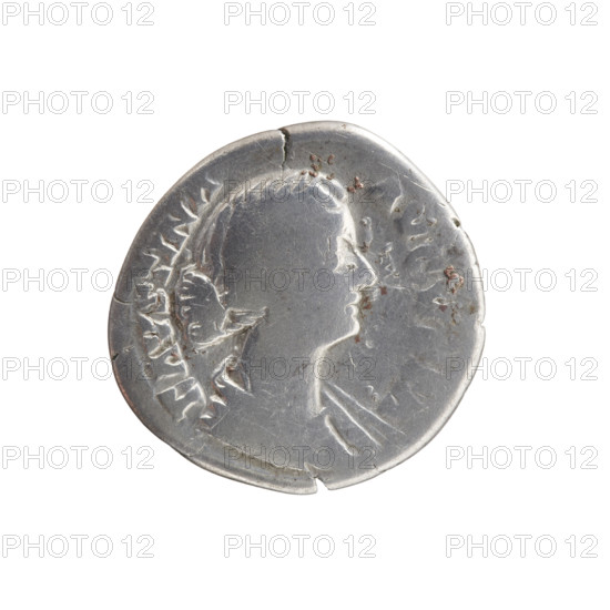 Denarius. Obverse: Bust of Faustina II in drapery facing right, inscription 'FAVSTINA - AVGVSTA' around. Reverse: Juno in a veil standing left, holding a patera in her right hand and a long scepter in her left, a peacock at her feet on the left side, inscription 'I·V·NO' circumferential. Issuer: Marcus Aurelius. Date: ca. 161–176. Culture: Roman Empire (27 BC–476). Place: Rome. Materials/format: silver coin. Diameter: 18.5 mm. Weight: 2.88 g. Axis: 0°. Iconography: Faustina the Younger; Juno; scepters; peacock; patera.