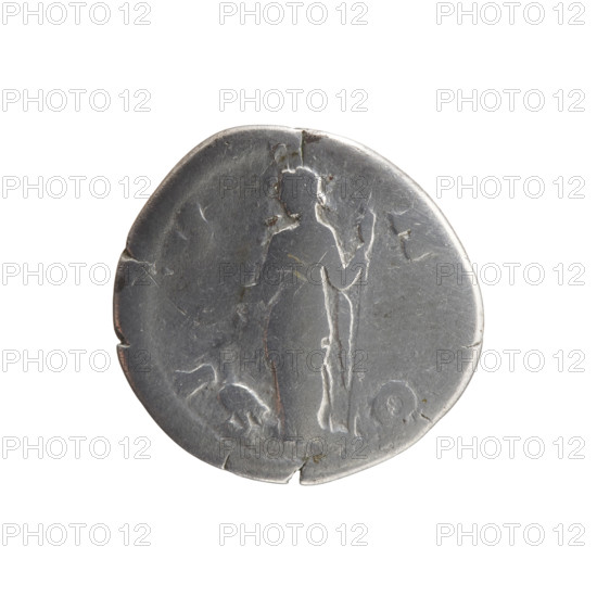 Denarius, ca. 161–176 CE. Bust of Faustina II in drapery facing right, inscription 'FAVSTINA AVGVSTA' around. Reverse: Juno in a veil standing left, holding a patera in her right hand and a long scepter in her left, a peacock at her feet on the left; legend 'I V N O' circumferential. Issuer: Marcus Aurelius. Roman Empire (27 BC–476), Rome. Silver coin; diameter 18.5 mm; weight 2.88 g; axis 0°.