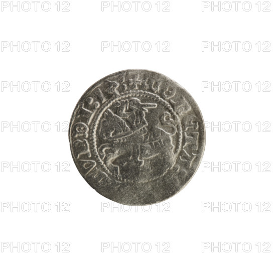 Lithuanian half-grosz, Sigismund I the Old (King of Poland; 1506–1548), R8 (rarity), Polish coin (1513), Grand Duchy of Lithuania, Vilnius. Obverse: Pogon (coat of arms) turned left; in the rim between pearl borders an inscription: + COIN, VNDI:13:. Reverse: Polish crowned eagle; in the rim between pearl borders an inscription: NI:DVCIS:LITVANI. Features: eagles, Jagiellonian dynasty coats of arms. Function: coin.