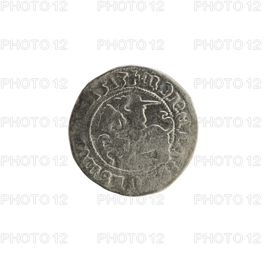Lithuanian half-grosz, Sigismund I the Old (King of Poland; 1506–1548). Obverse: Pogon turned left; in the rim between pearl borders an inscription: + COIN:, GISM, 1513. Reverse: Polish crowned eagle; in the rim between pearl borders an inscription: + MA, :DVCIS, ANIE, 1513. Coats of arms: Eagle (Poland) and Pogon (Lithuania). Grand Duchy of Lithuania; Vilnius; coin; 1513.