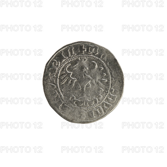 Lithuanian half-grosz, Sigismund I the Old (King of Poland; 1506–1548). Obverse: Pogon turned left; in the rim between pearl borders an inscription: + COIN:, GISM, 1513. Reverse: Polish crowned eagle; in the rim between pearl borders an inscription: + MA, :DVCIS, ANIE, 1513. Coats of arms: Eagle (Poland) and Pogon (Lithuania). Grand Duchy of Lithuania, Vilnius; Polish–Lithuanian (Jagiellon) period. Coin; 1513.