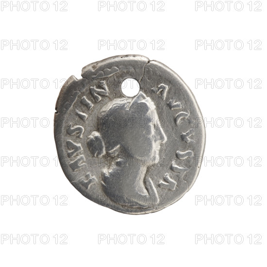 Denarius (with a hole), Faustina the Younger (ca. 130–176; Roman empress 161–176), Marcus Aurelius (121–180; Roman emperor 161–180), issuer: Marcus Aurelius. Obverse: Bust of Faustina II in drapery facing right, legend FAVSTINA AVGVSTA. Reverse: Salus seated on a throne facing left, holding a patera in outstretched right hand feeding a snake wrapped around an altar, left hand on the backrest, legend S·LVS. Date: 161–176. Roman Empire, Rome. Coin; diameter 17.0 mm; weight 2.69 g; axis 165°.