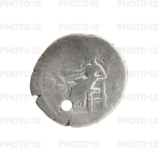 Denarius (with a hole). Obverse: Bust of Faustina the Younger in drapery facing right, inscription FAVSTIN - AVGVSTA. Reverse: Salus seated on a throne facing left, holding a patera in her outstretched right hand feeding a snake wrapped around an altar, left hand on the backrest, inscription S, LVS. Issuer: Marcus Aurelius; personifications; snakes; altars; paterae. Faustina the Younger (ca. 130–176; Roman empress 161–176). Marcus Aurelius (121–180; Roman emperor 161–180). Date: 161–176. Culture: Roman Empire (27 BC–476), Rome. Medium: coin. Diameter: 17.0 mm. Weight: 2.69 g. Axis: 165°.