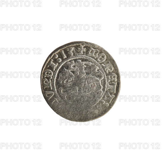 Lithuanian half-grosz, Sigismund I the Old (King of Poland; 1506–1548). Obverse: Pogon (Lithuanian coat of arms) turned left; in the rim between pearl borders an inscription: + COIN:, VNDI:13. Reverse: Polish crowned eagle; in the rim between pearl borders an inscription: + MAG.. , .]S:LITVANIE.:., 1513. Materials: coin; coats of arms: Eagle (Polish), Pogon (Lithuanian). Grand Duchy of Lithuania, Vilnius; Poland.